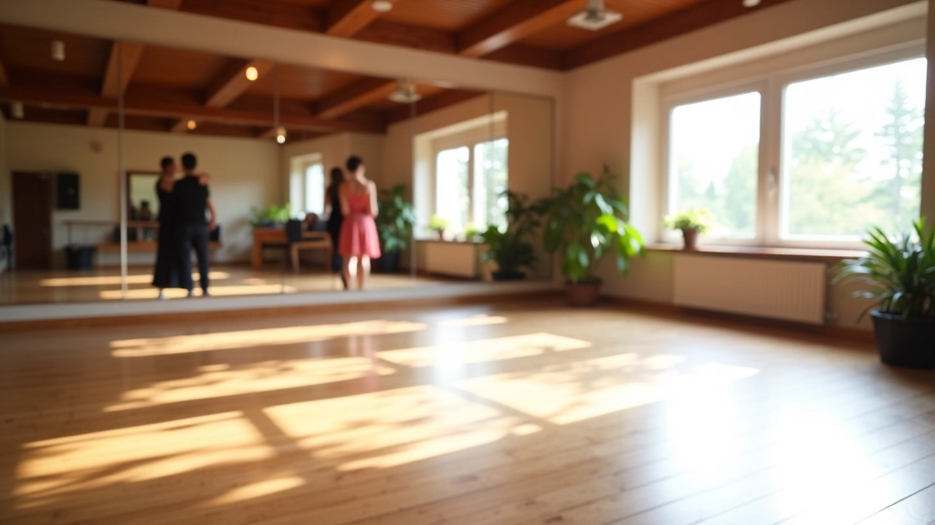Interior of a welcoming dance studio with wooden floors and bright natural lighting