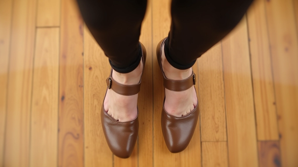 Close-up of feet in dance shoes showing proper salsa footwork position on wooden dance floor
