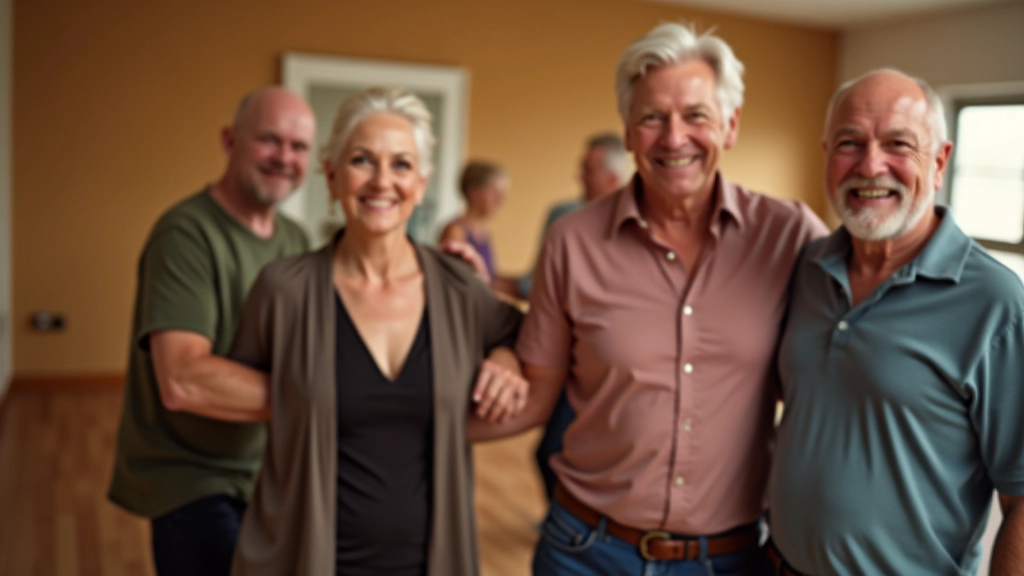 Group of mature adults laughing and socializing in a dance studio after a class, showing genuine connection and joy
