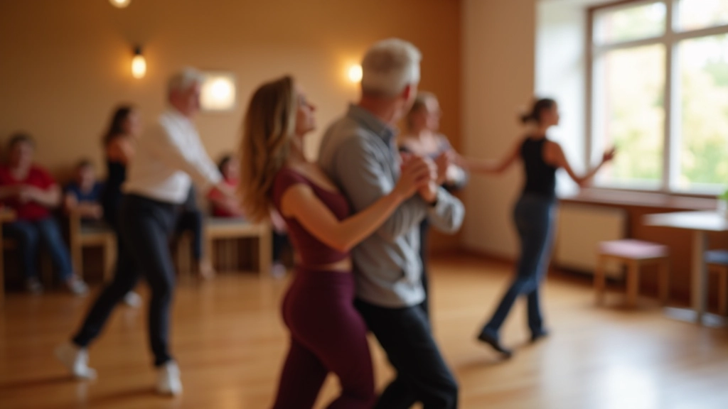 Mature adults dancing together in a bright studio with wooden floors, smiling and moving with confidence