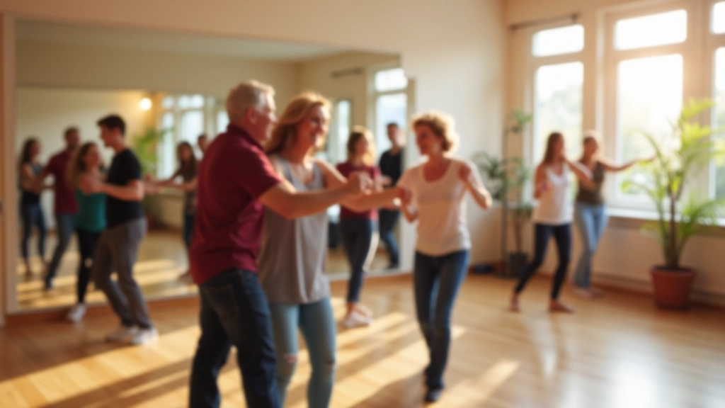 Mature adults enjoying bachata dance class in bright studio setting
