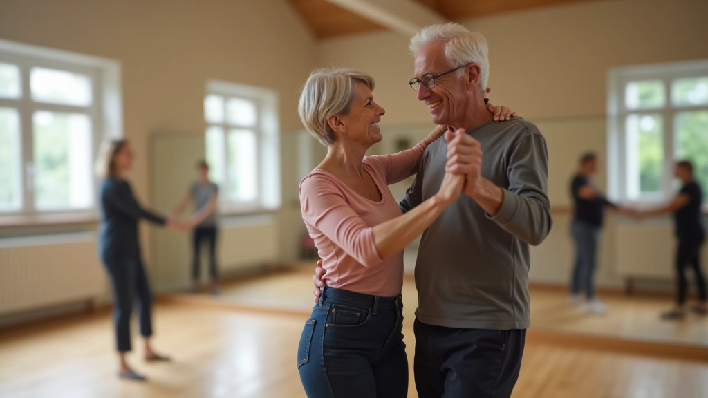 Mature couple dancing bachata together in a bright dance studio with wooden floors