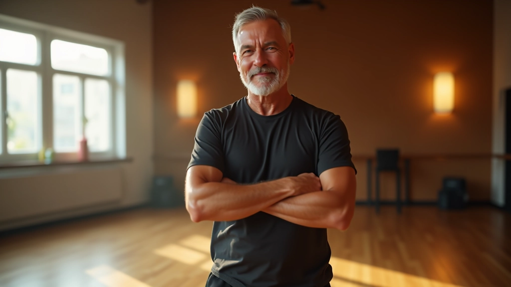 Mature man in casual attire demonstrating standing balance pose with good posture in a dance studio environment