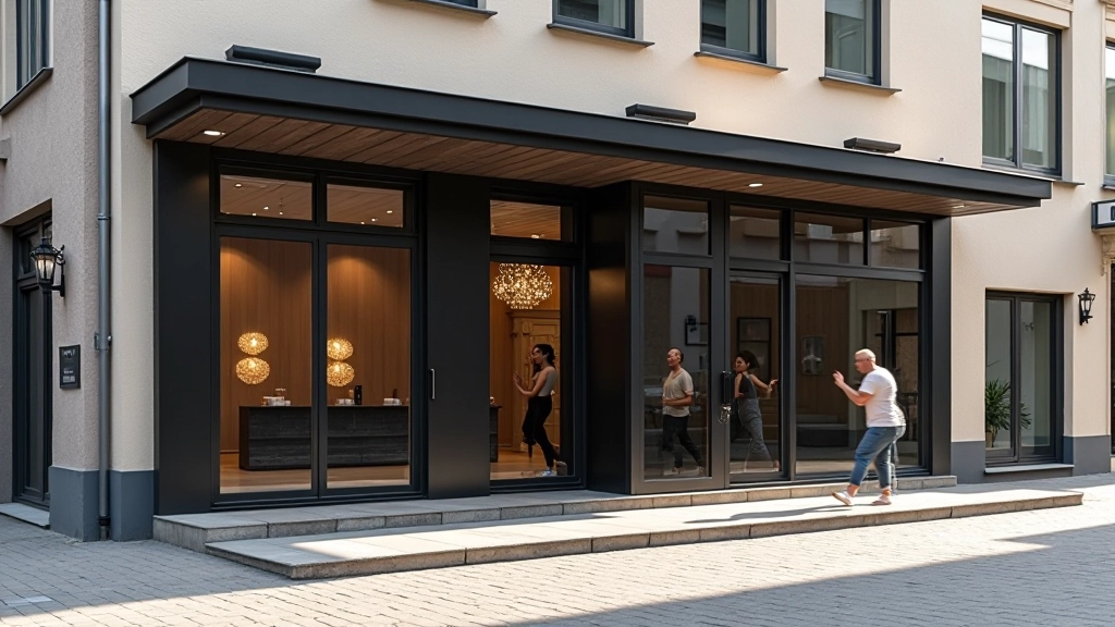 Exterior of a bright modern dance studio building with large windows on a Rīga street